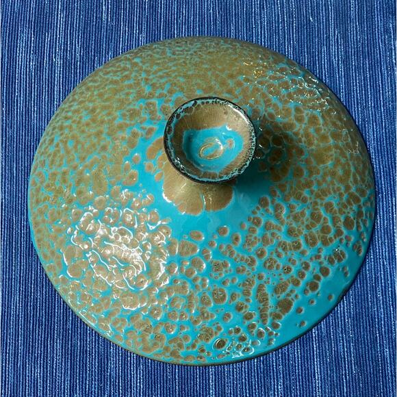 VTG Hanova of Pasadena MCM Aqua Olive Green Lava Enamel Lidded Brutalist Bowl - Picture 3 of 6